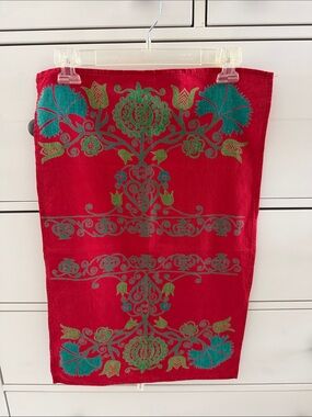 Marimekko Red Tea Towel with Teal and Green Floral Motif Granaattiomena Pattern